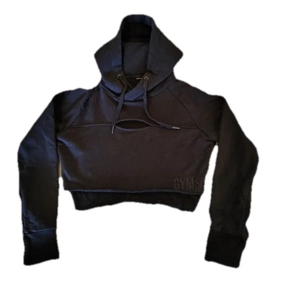 Gymshark Cropped Sweatshirt Hoodie Womens M? Black Long Sleeve Pullover Cutout - Picture 9 of 9